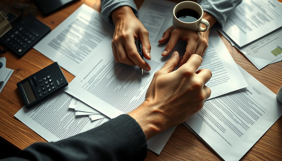 Vista cercana de trabajo de análisis financiero con documentos, gráficos y calculadora mostrando el proceso de reestructuración empresarial Análisis financiero detallado con hojas de cálculo y herramientas de consultoría empresarial