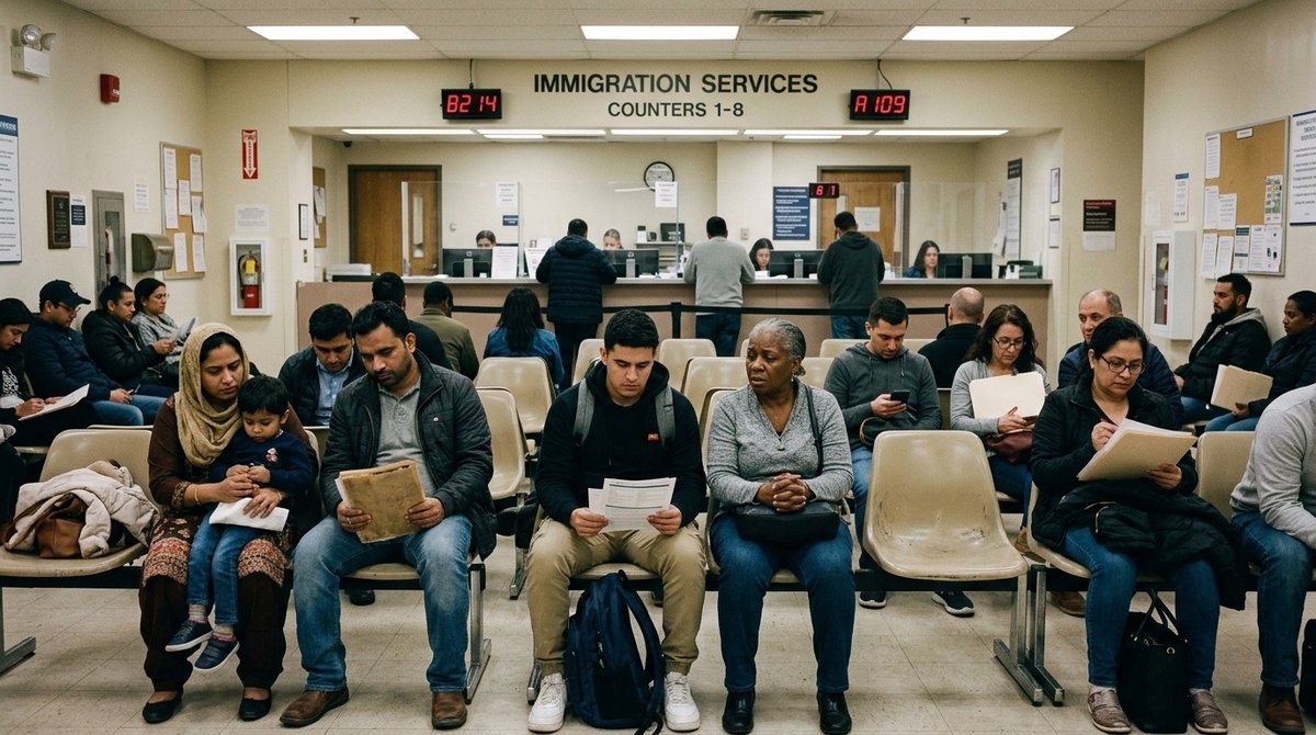 Personas esperando en oficina de extranjería española revisando documentos tras denegación de expediente Sala de espera de oficina de inmigración en España con personas esperando