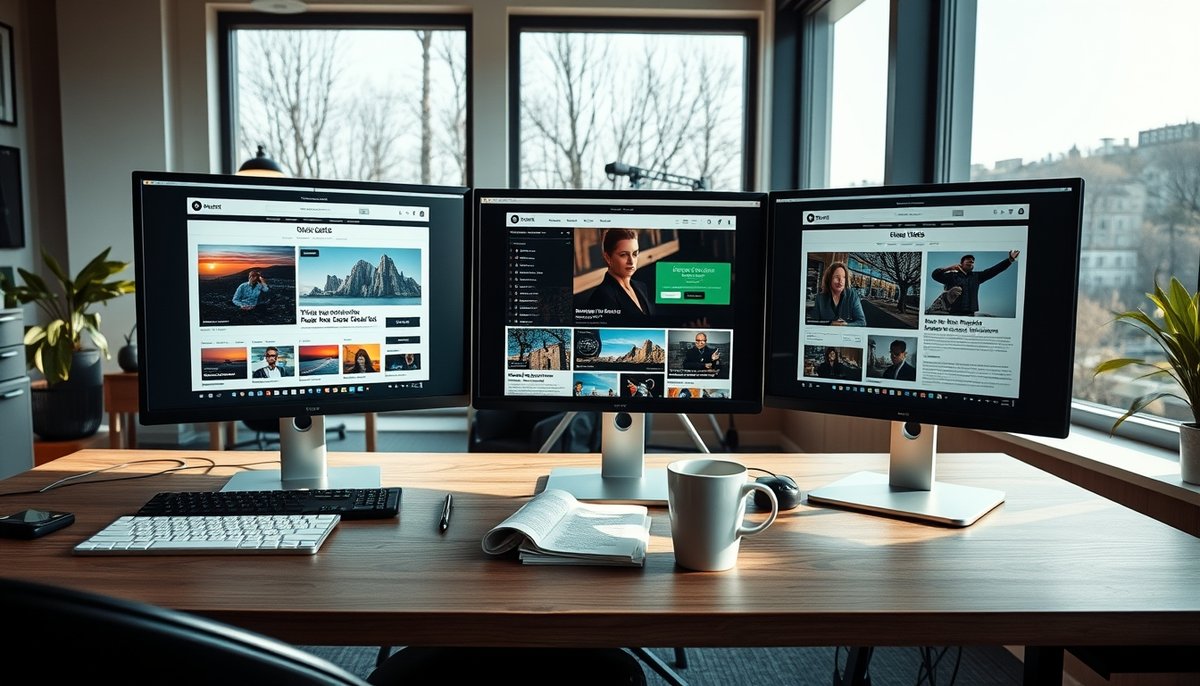 Múltiples monitores comparando Thrive Architect, Beaver Builder y WPBakery page builders