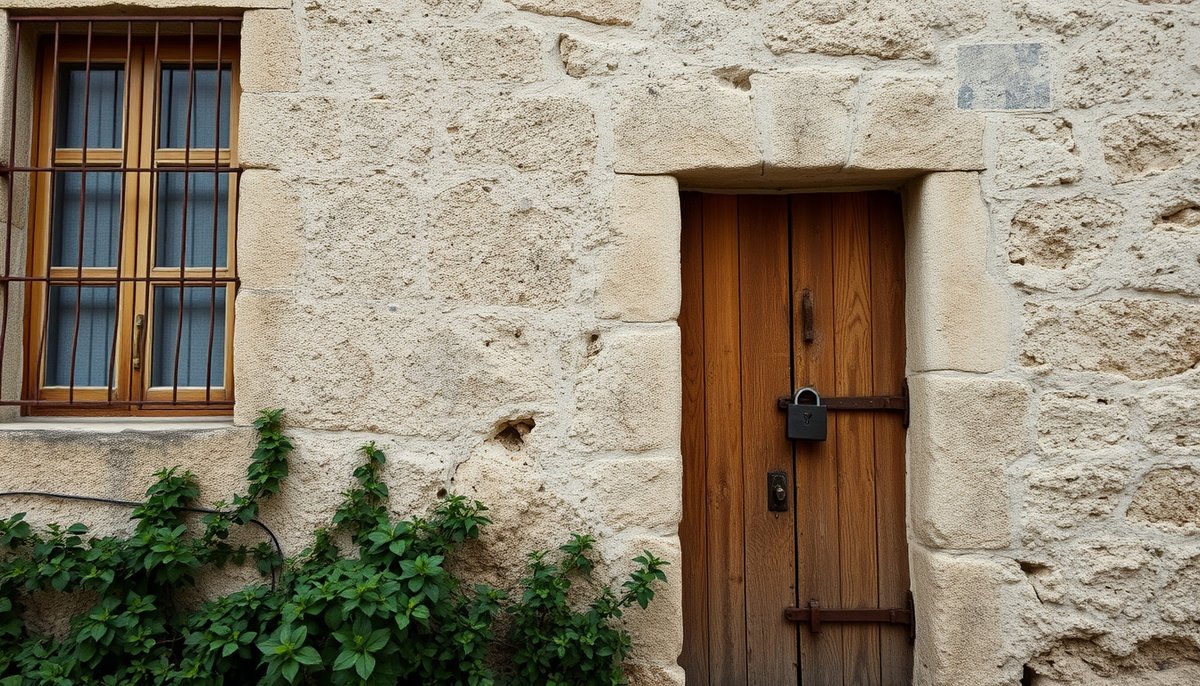 Fachada histórica de Tabarca con piedra caliza, marcos de hierro oxidado y puerta antigua de madera Edificio histórico de Tabarca con muros de piedra caliza y ventanas de hierro tradicionales