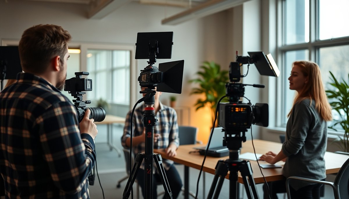 Equipo startup grabando video pitch en oficina con setup profesional