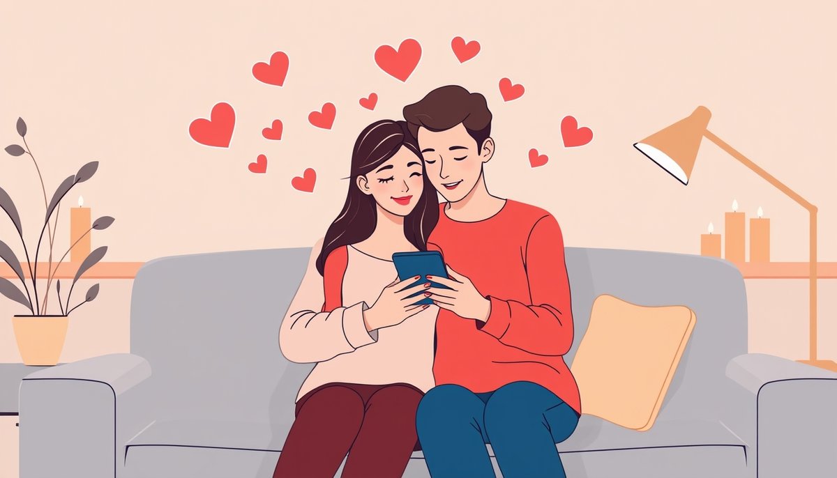 Pareja feliz usando smartphone juntos en sofá con elementos románticos