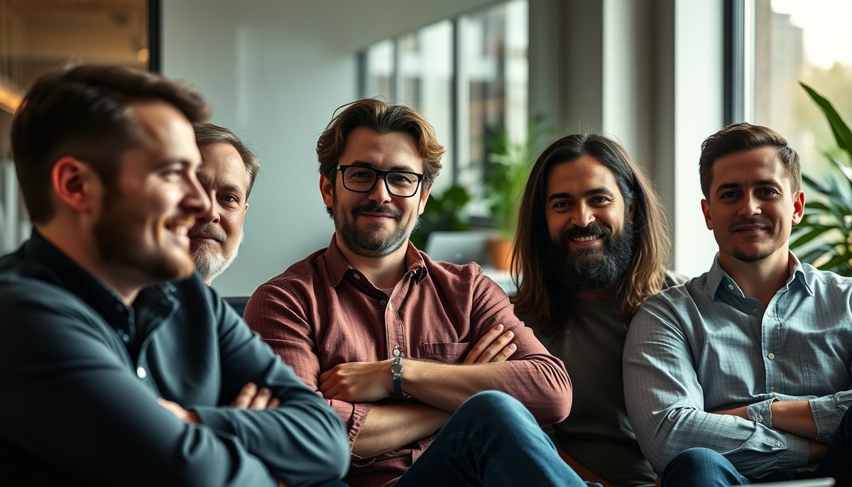 Equipo fundador resiliente de startup en reunión profesional mostrando determinación