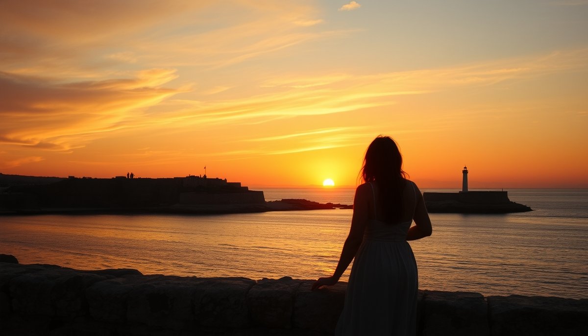Atardecer romántico en Tabarca desde las murallas históricas con pareja contemplando