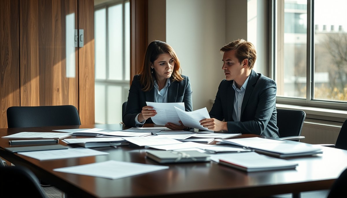 Profesionales discutiendo contratos legales y documentos empresariales en sala de reuniones