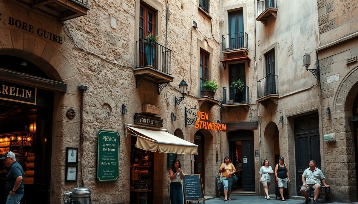Calle del casco histórico de Badajoz con bares tradicionales y menús en pizarra