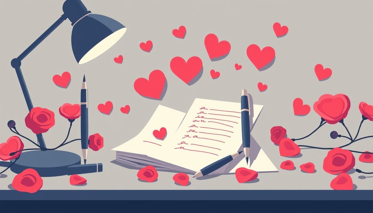 Cartas de amor escritas a mano con elementos románticos y pluma elegante