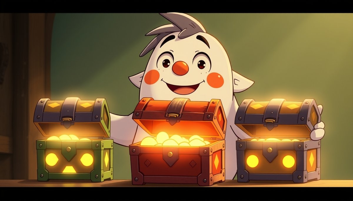 Personaje anime presentando tres planes de hosting como cofres del tesoro mágicos