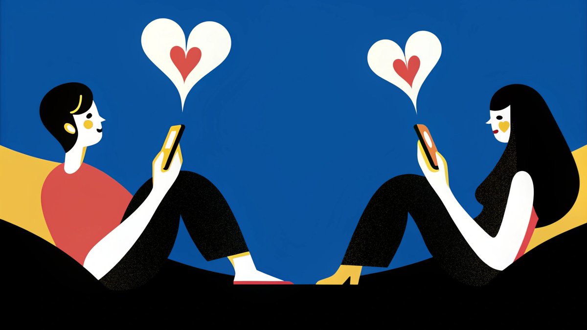 Couple using smartphone apps with heart symbols and connection icons for relationship building