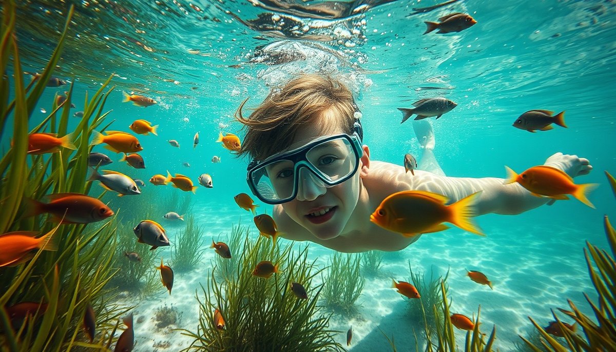 Adolescente haciendo snorkel en la Reserva Marina de Tabarca entre peces de colores