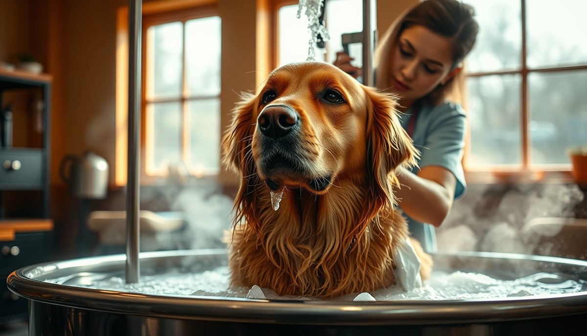 Peluquero canino profesional bañando golden retriever en salón moderno
