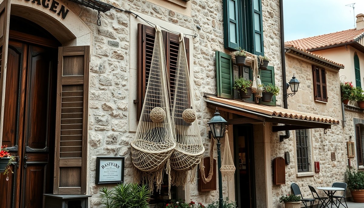 Fachada de restaurante típico en Tabarca con muros de piedra centenarios, contraventanas de madera y elementos marineros tradicionales Restaurante tradicional Tabarca con arquitectura mediterránea auténtica y decoración marinera
