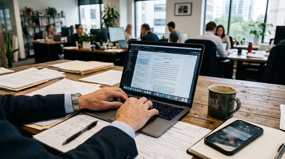 Tecnología legal moderna: abogado gestionando casos de inmigración con software especializado y disponibilidad continua en despacho profesional Abogado de extranjería trabajando con sistema digital de gestión de casos 24/7