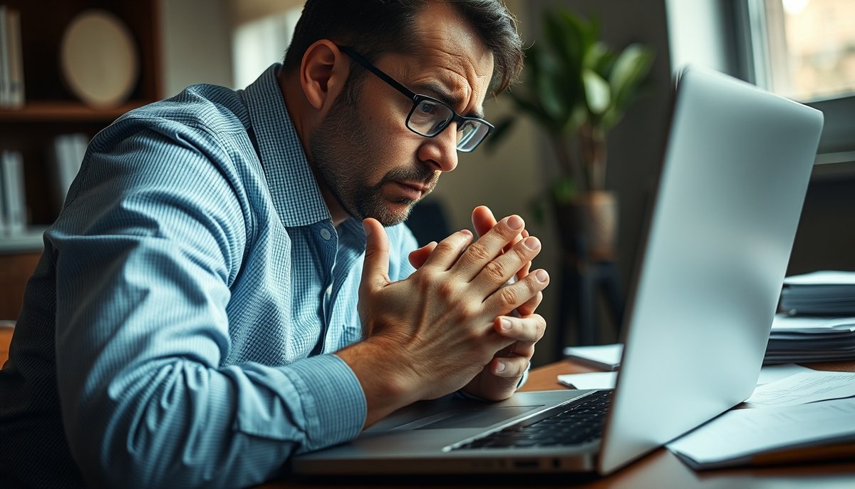 Profesional preocupado revisando precios altos de software SEO en portátil