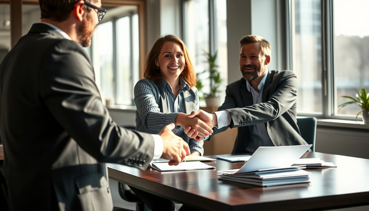 Apretón manos consultor ENISA emprendedor préstamo aprobado