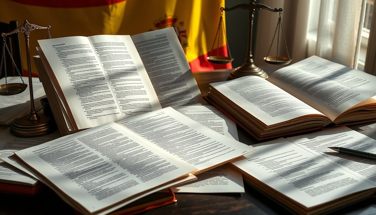 Textos legales y documentación regulatoria española con bandera nacional, mostrando el marco legal de reestructuración empresarial Documentos legales y marco regulatorio español para reestructuración empresarial