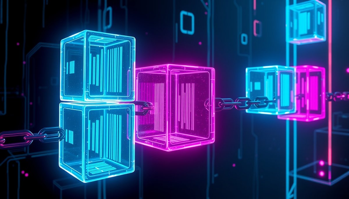Blockchain Bitcoin visualizada como bloques transparentes con datos criptográficos
