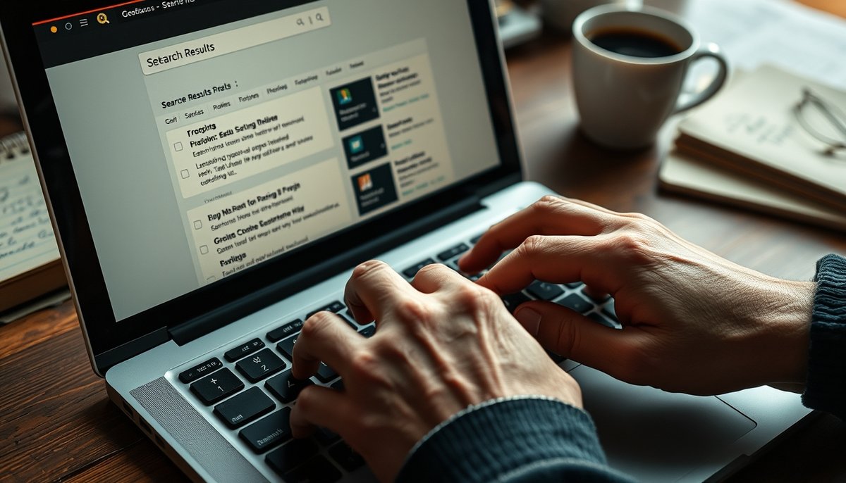 Manos escribiendo búsquedas en Google para análisis SEO