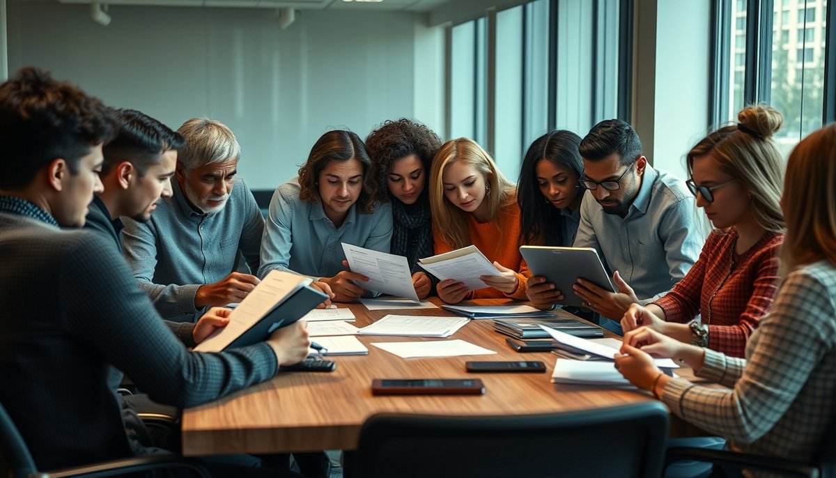 Equipo diverso analizando métricas y competencia en documentos startup