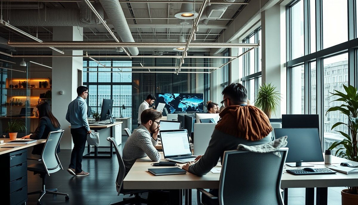 Ambiente de trabajo de startup española de alto crecimiento mostrando el éxito de financiación y expansión como caso de estudio Oficina moderna de startup española exitosa tipo Cabify con estrategias de expansión