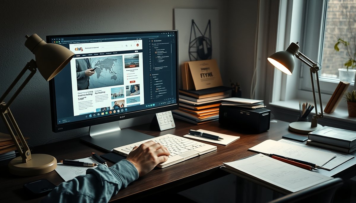 Interface Elementor en monitor con editor drag-and-drop y widgets para diseño web
