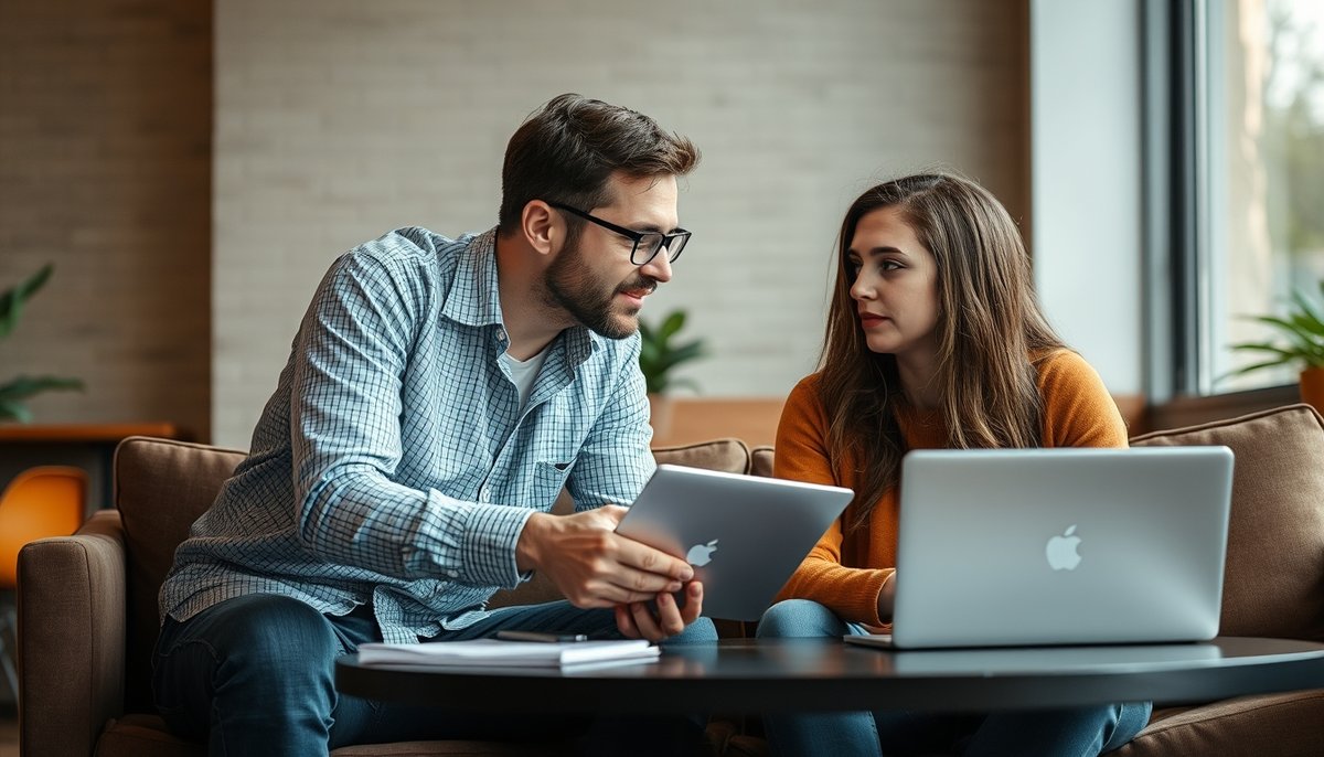 Fundador de startup en conversación auténtica con cliente potencial mostrando demos