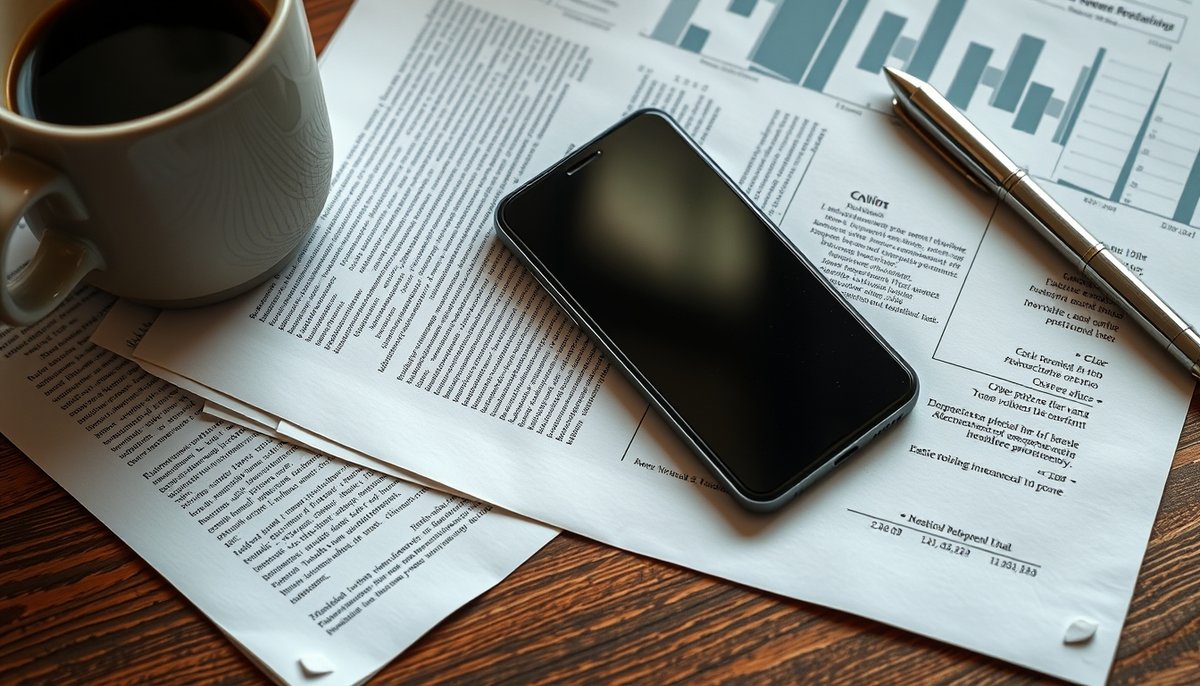 Smartphone con app de pagos junto a documentos PYME y análisis de mercado