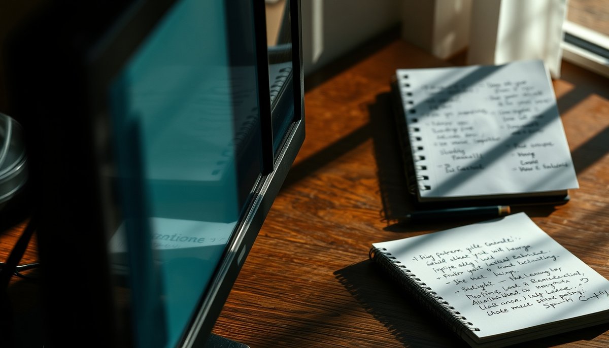 Mejores herramientas para generar nombres de dominio: combinación de software y brainstorming manual Herramientas generadoras de dominios en ordenador y bloc notas con ideas escritas a mano
