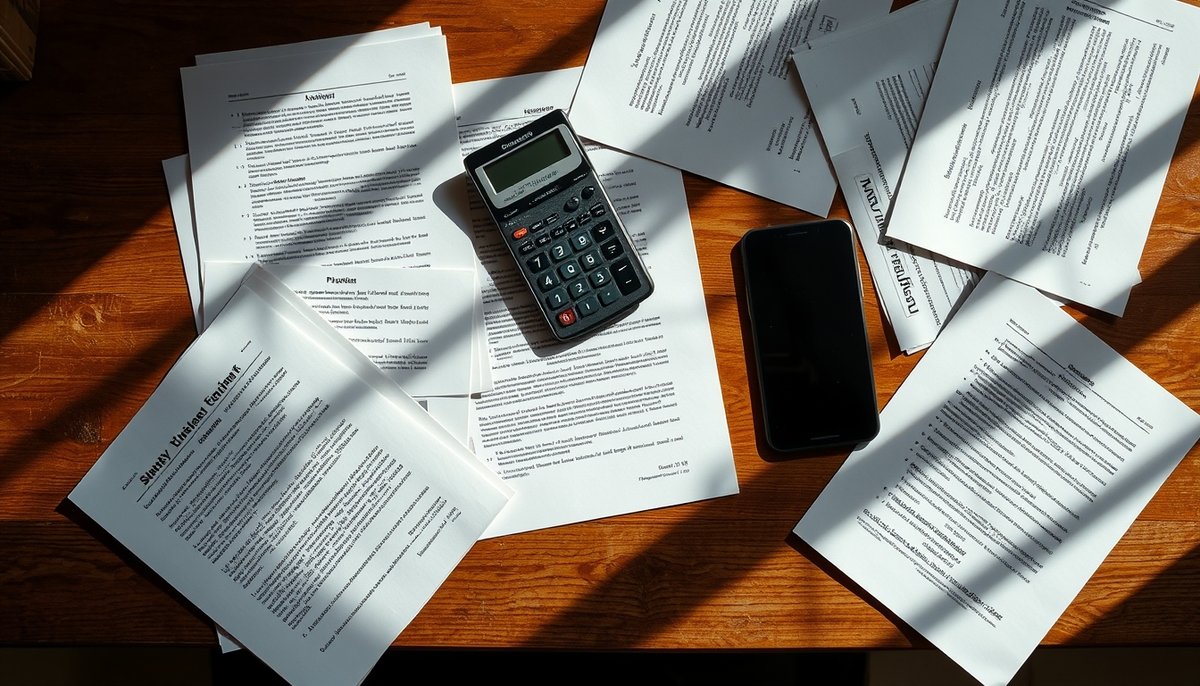 Documentos plan financiero esparcidos en escritorio con calculadora y gráficos impresos