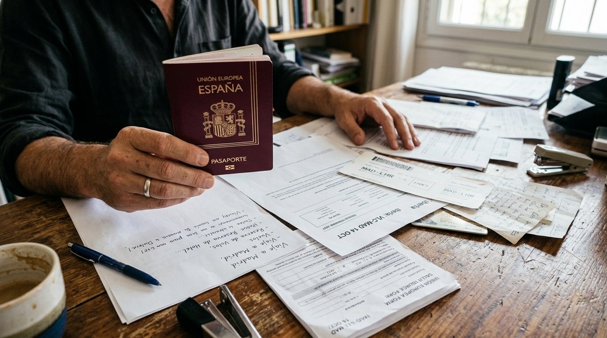 Persona sosteniendo pasaporte español con documentos oficiales sobre escritorio