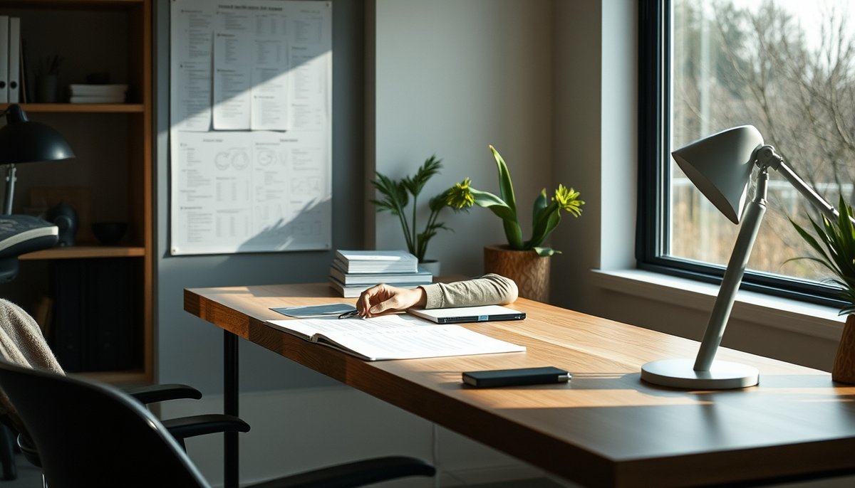 Escena futurista con logos IA flotando como hologramas sobre escritorio moderno