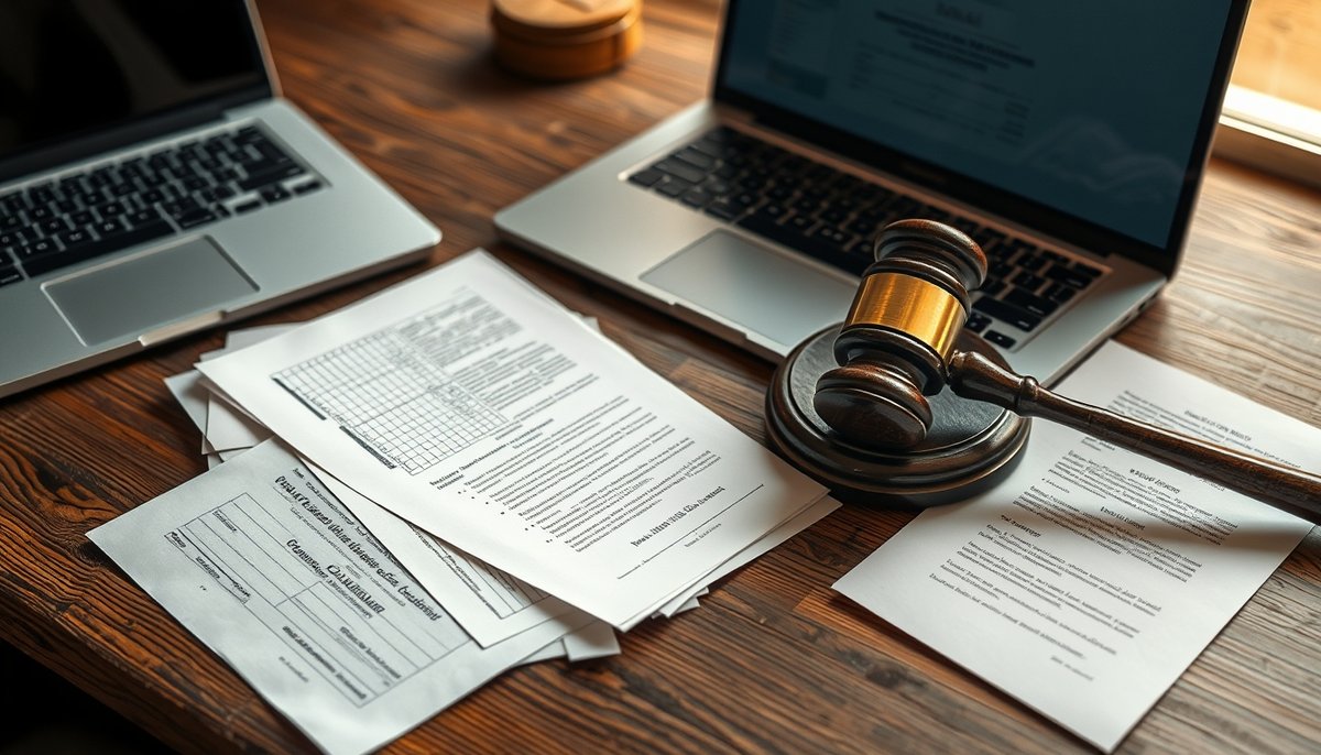 Documentos legales y laptop con software de IA para crear videos