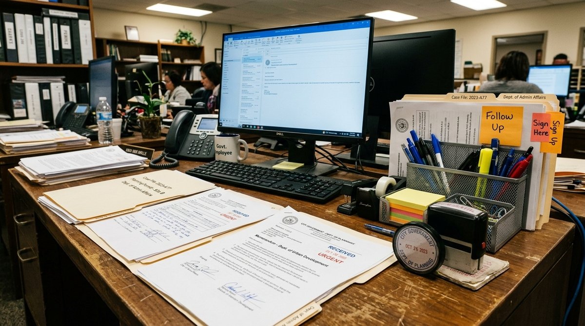 Mesa de funcionario con documentos oficiales, Formulario 790 y acceso al portal electrónico del gobierno español Oficina administrativa española con Formulario 790 y portal Sede Electrónica en pantalla