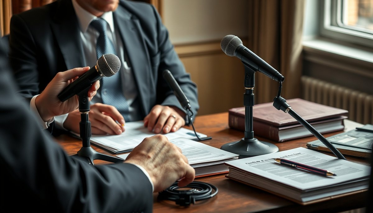 Estrategia de link building legal: abogado participando en entrevista con medios especializados para obtener enlaces de autoridad Abogado en entrevista con prensa jurídica para generar backlinks de calidad