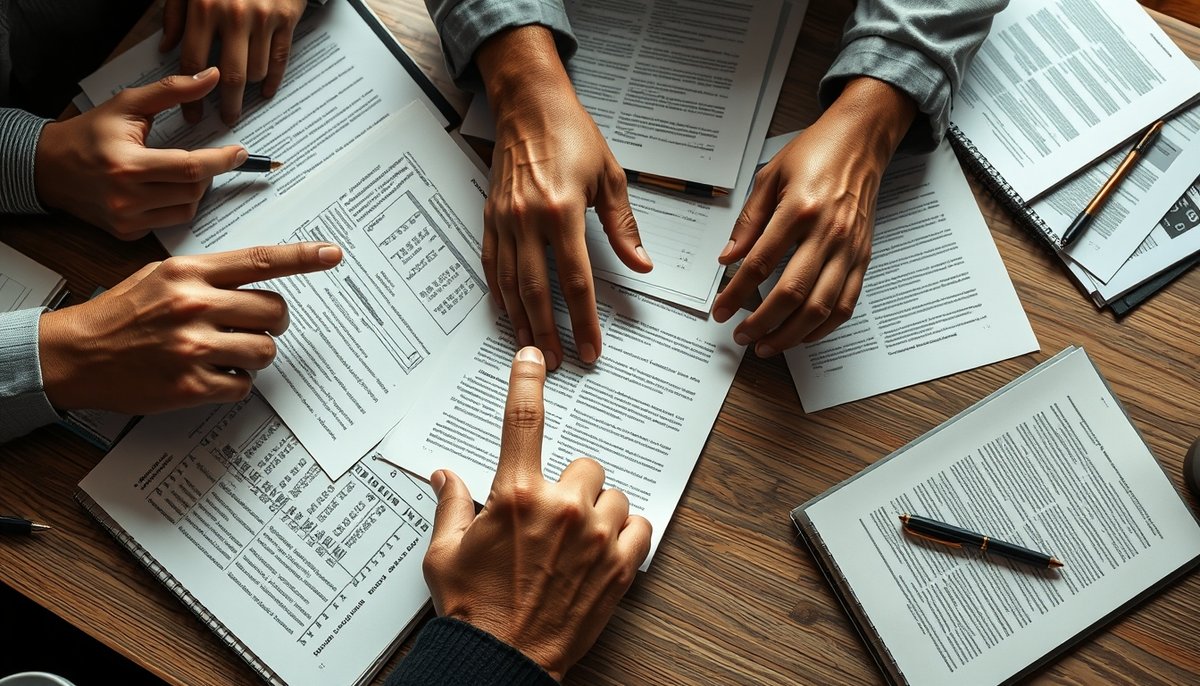 Manos diversas analizando gráficos impresos de KPIs de marketplace en mesa de trabajo