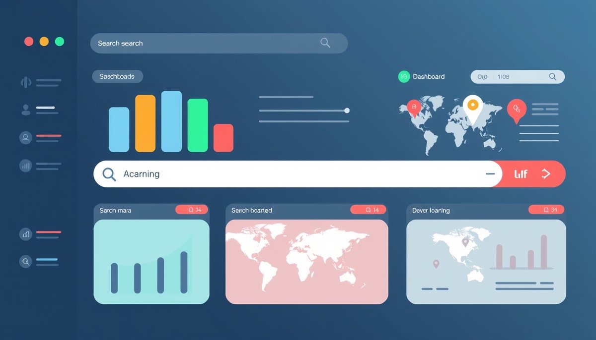 Dashboard de keyword research para SEO local mostrando búsquedas geográficas y volumen de términos locales Herramientas de investigación de palabras clave locales con términos como electricista Madrid