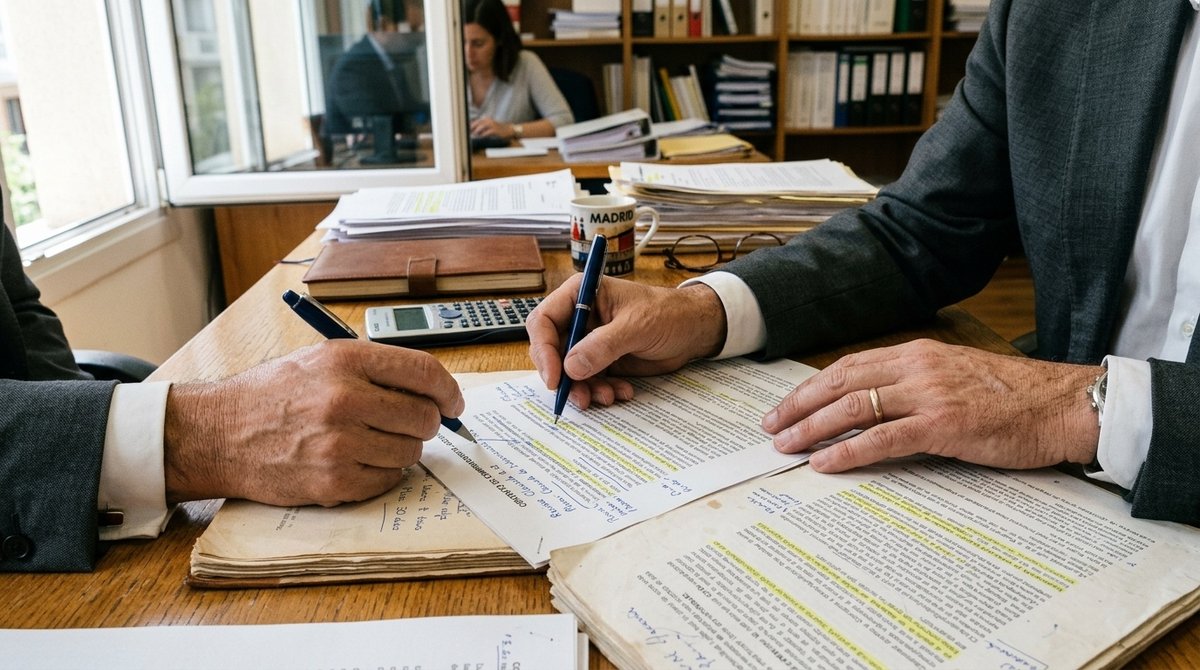 Abogado examinando formularios oficiales de visados y permisos de residencia con cálculo detallado de costes en despacho de Madrid Revisión de documentos de extranjería y presupuesto de permisos de residencia en Madrid