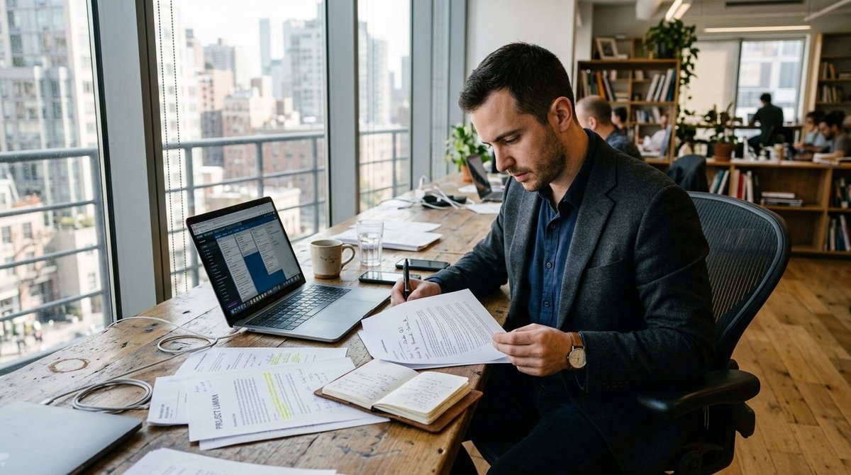 Emprendedor revisando opciones de financiación para startups en oficina moderna