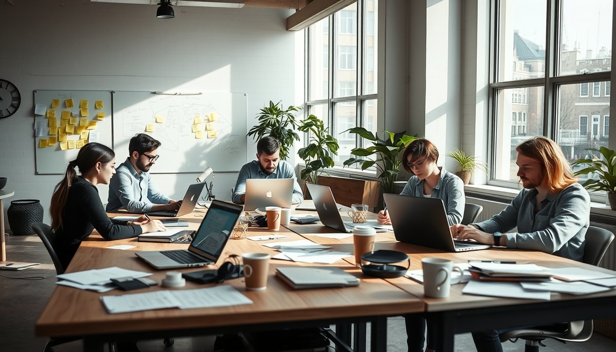 Oficina moderna americana con emprendedores trabajando en ambiente startup dinámico
