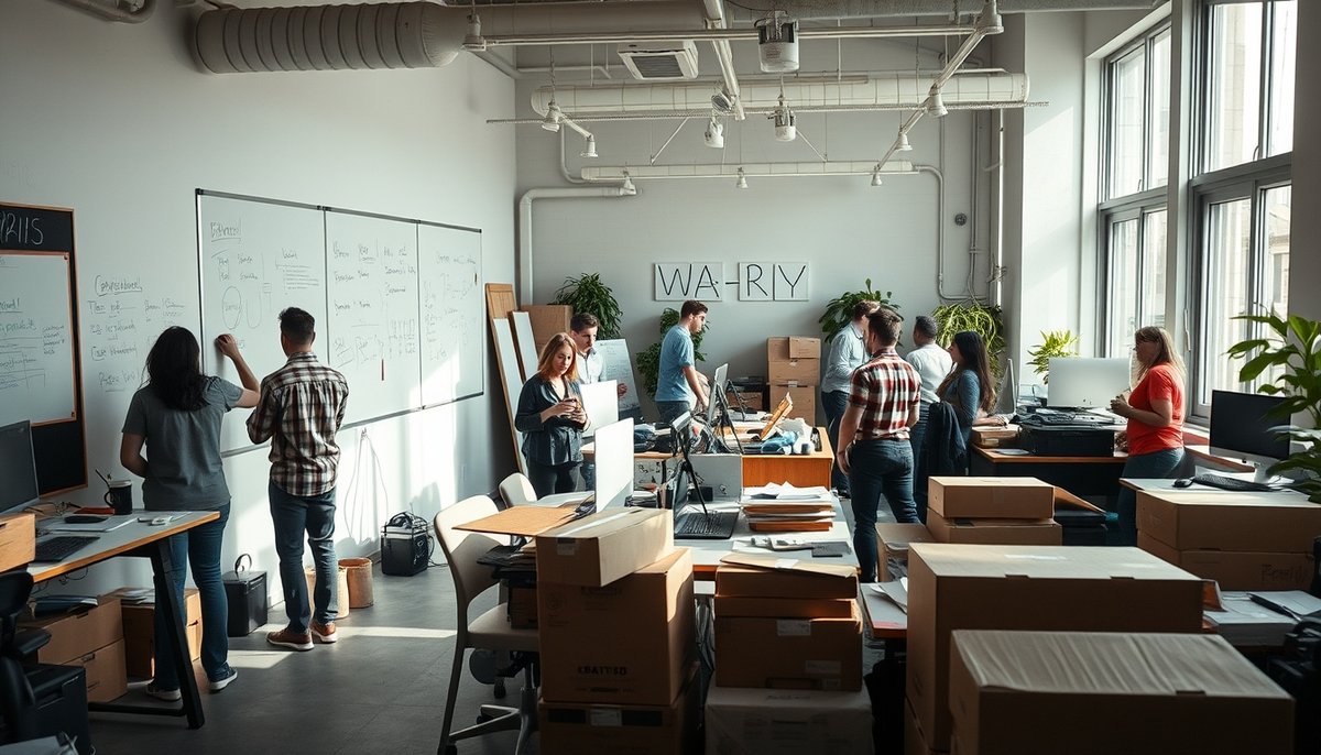 Ambiente de trabajo de startup experimentando crecimiento rápido con indicadores de escalamiento y necesidad de financiación Oficina de startup en crecimiento acelerado con métricas y equipo trabajando intensivamente