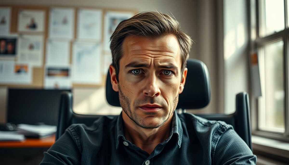 Retrato fundador startup con expresión determinada y gráficos mercado fondo