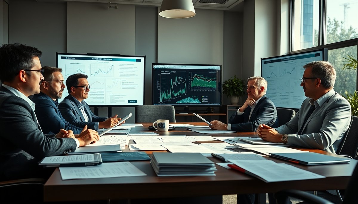 Oficina capital riesgo evaluando presentaciones de startups en monitores grandes