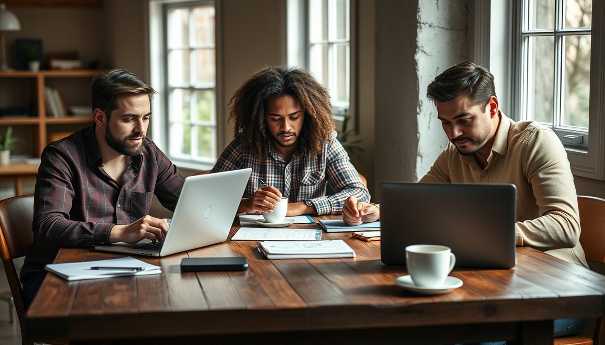 Equipo fundador startup trabajando en estrategia de negocio colaborativamente