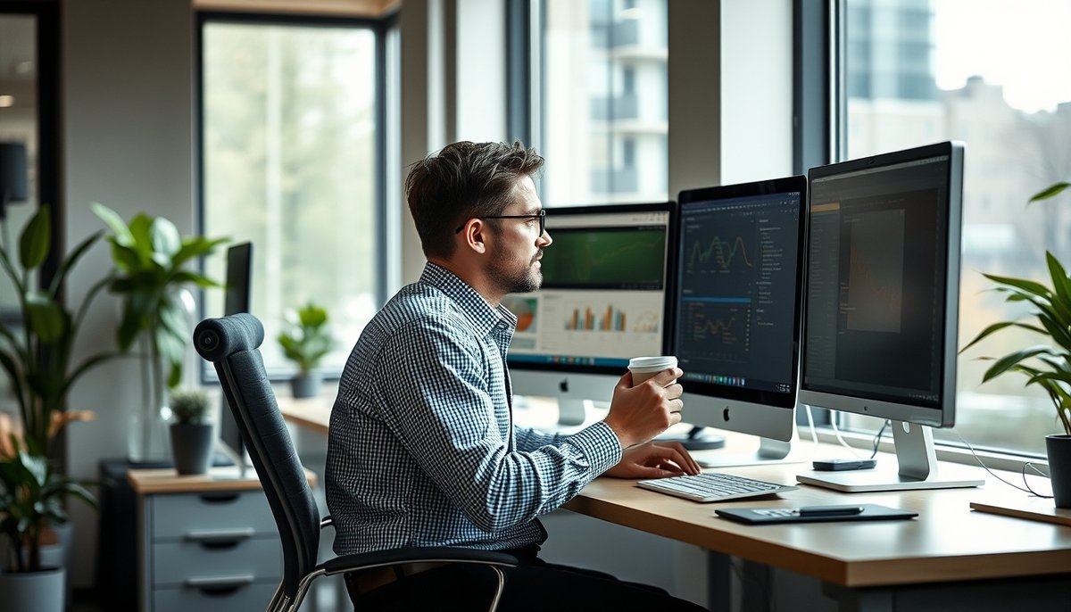 Fundador de startup analizando métricas SaaS en oficina moderna con gráficos de MRR y churn