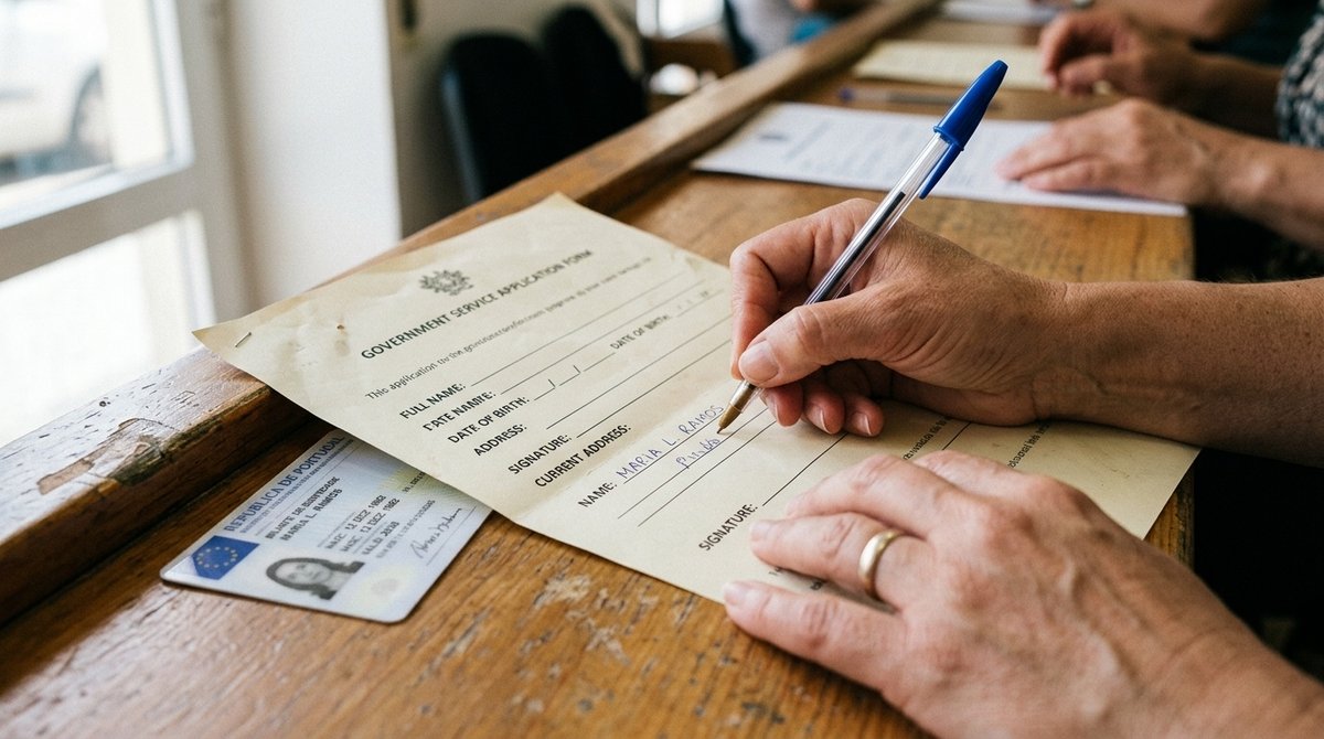 Detalle de manos rellenando el formulario oficial 790-052 del gobierno español con documento de identidad al lado Cumplimentación del modelo 790-052 con bolígrafo sobre escritorio con DNI