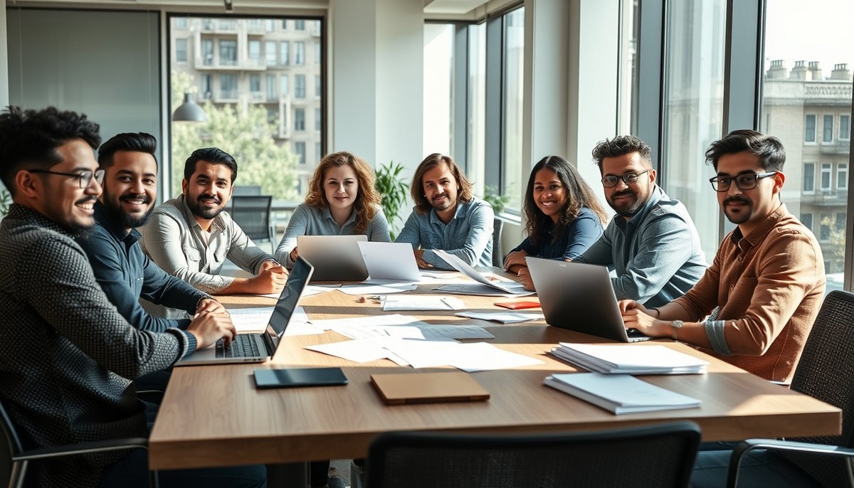 Fundadores de startup colaborando en la preparación de una ronda de financiación, revisando documentos financieros en oficina contemporánea Equipo de fundadores de startup preparando ronda de financiación en oficina moderna