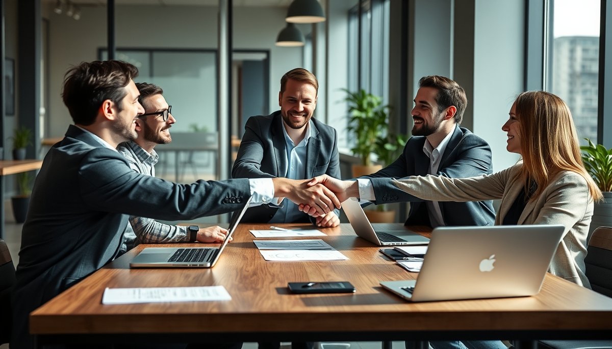 Apretón de manos entre fundadores e inversores con métricas de growth en laptops