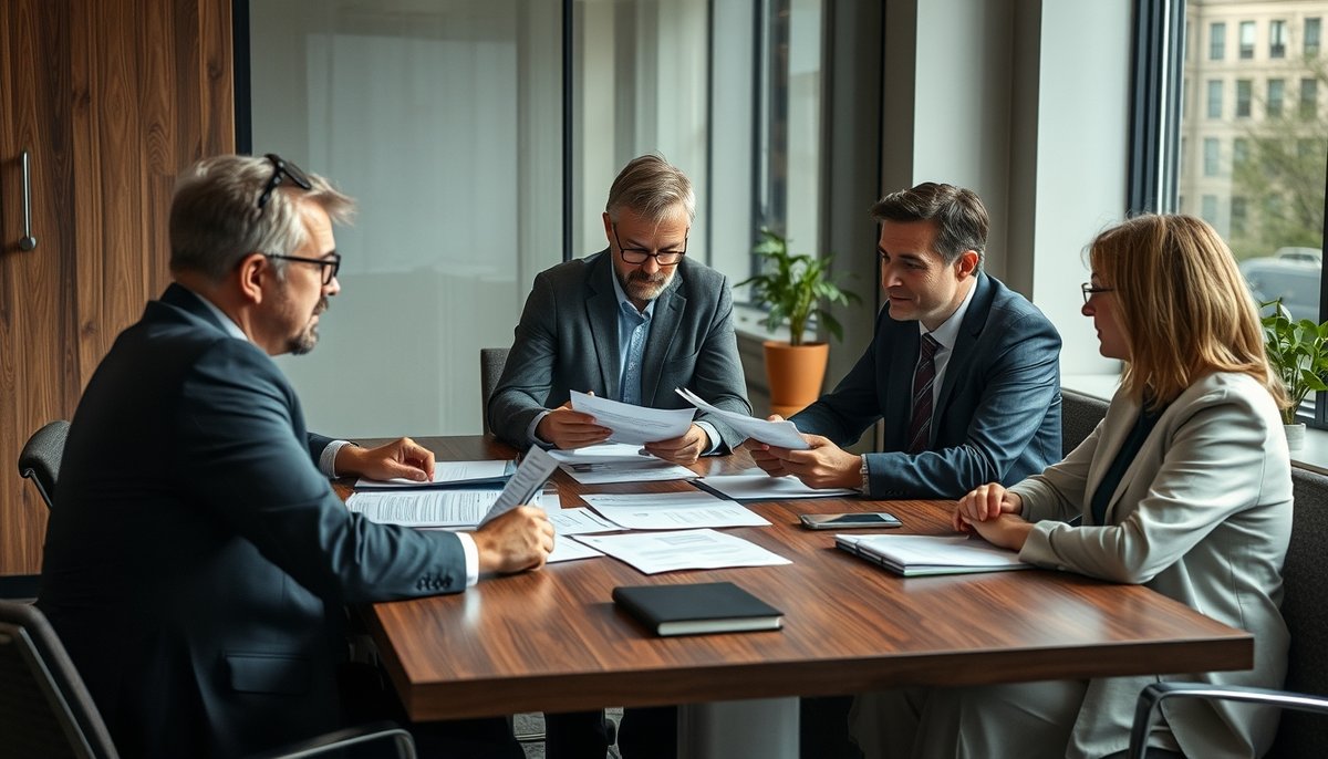 Asesores financieros de Nexen Capital trabajando con fundadores revisando documentos legales