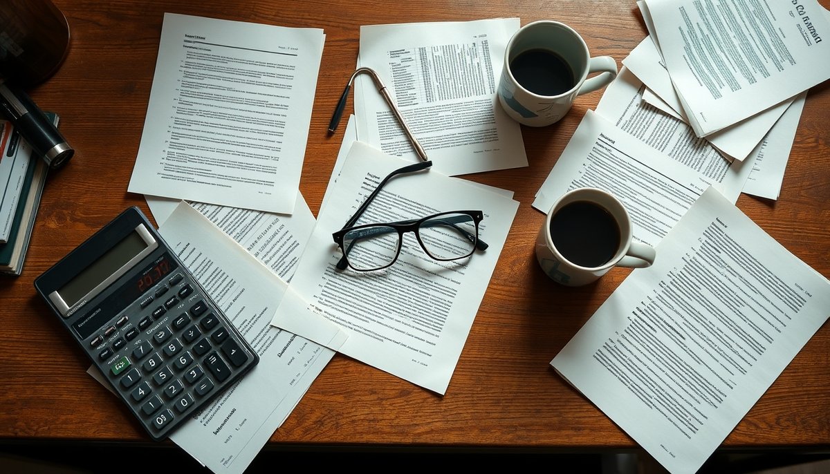 Análisis de ratios financieros y balances mostrando indicadores de insolvencia empresarial con calculadora y documentos Documentos financieros con ratios y gráficos de tendencias decrecientes sobre mesa de oficina