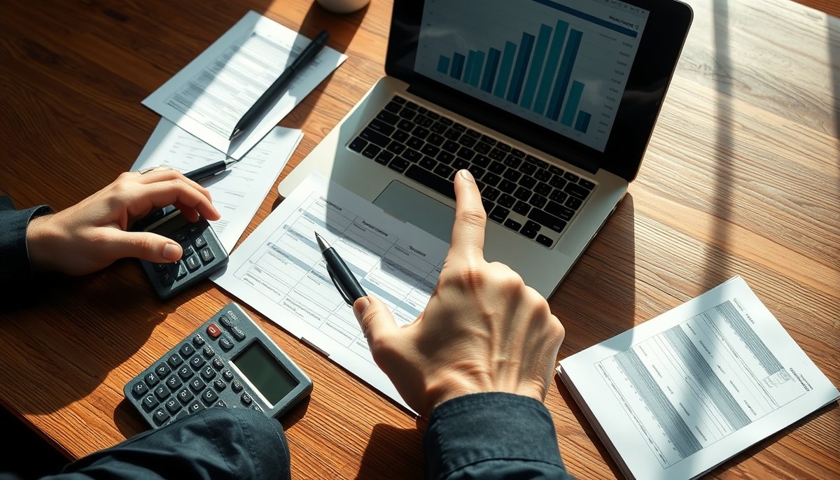Sesión planificación financiera startup con proyecciones y calculadora